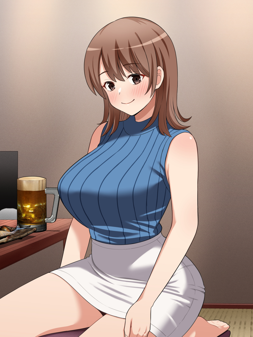 1girl absurdres barefoot beef beer_can blue_shirt blush breasts brown_eyes brown_hair can closed_mouth commentary_request drink_can fish food highres indoors large_breasts looking_at_viewer medium_hair original pencil_skirt shirt sitting skirt sleeveless sleeveless_shirt smile solo table tokunaga_(umemoto) white_skirt