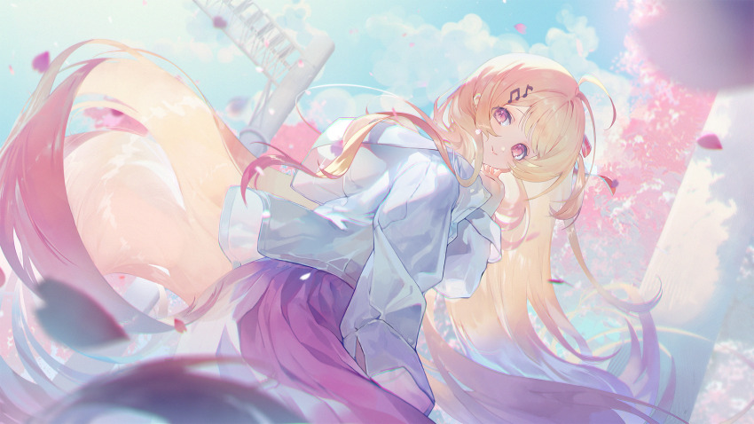 1girl blonde_hair blue_sky blurry blurry_foreground cherry_blossoms closed_mouth cloud cloudy_sky day dotori_(seulseul) falling_petals fortissimo gradient_hair hair_ornament hairpin happy highres hololive hololive_dev_is jacket long_hair long_sleeves looking_at_viewer multicolored_hair musical_note musical_note_hair_ornament otonose_kanade outdoors petals pink_eyes pink_hair pink_petals pink_skirt pleated_skirt sidelocks skirt sky smile solo spring_(season) tree very_long_hair virtual_youtuber white_jacket