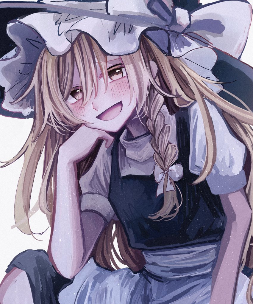 1girl :d absurdres annin_cha apron arm_support bad_id bad_twitter_id black_headwear black_skirt black_vest blonde_hair blouse blush bow braid commentary_request elbow_on_knee frilled_hat frills hair_bow hand_on_own_cheek hand_on_own_face hat hat_bow highres kirisame_marisa long_hair looking_at_viewer open_mouth puffy_short_sleeves puffy_sleeves shirt short_sleeves skirt smile touhou upper_body vest waist_apron white_apron white_bow white_shirt witch_hat yellow_eyes