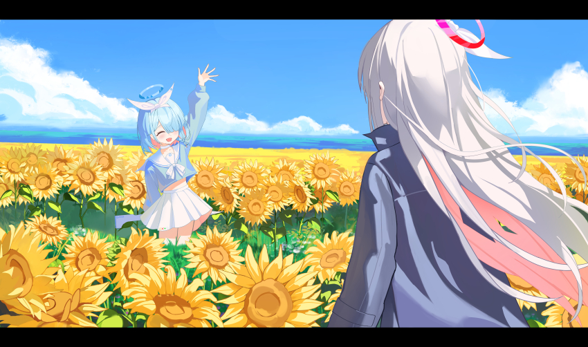 2girls absurdres arona_(blue_archive) blue_archive blue_hair blue_sky closed_eyes flower grey_hair hairband halo hand_up highres iv_(iv70311741) multiple_girls pink_hair plana_(blue_archive) school_uniform sky sunflower two-tone_hairband upper_body