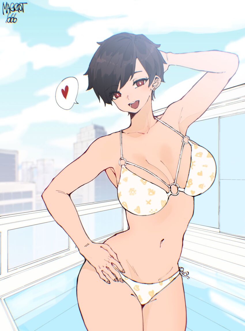 1girl balcony bikini blush breasts brown_eyes brown_hair building cleavage collarbone groin highres large_breasts navel norman_maggot o-ring o-ring_bikini olive_laurentia open_mouth original pixie_cut short_hair side-tie_bikini_bottom skyscraper solo swimsuit thighs