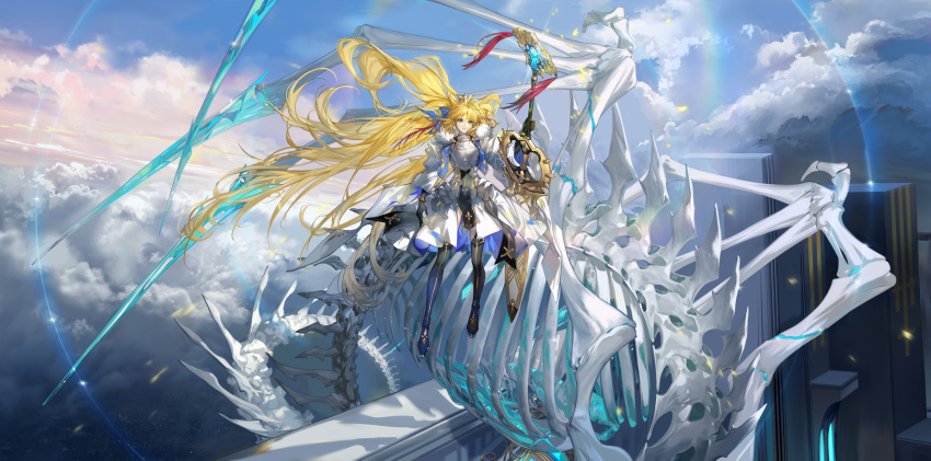 1girl ahoge animal_skeleton arlizi arm_at_side armor armored_dress artoria_caster_(fate) artoria_caster_(third_ascension)_(fate) artoria_pendragon_(fate) black_footwear black_gloves blonde_hair blue_bow blue_sky boots bow bracelet breastplate capelet closed_mouth cloud cloudy_sky crown defensive_wall dragon dress facial_mark fate/grand_order fate_(series) faulds floating forehead_mark fur-trimmed_capelet fur_trim gloves gold_trim green_eyes hair_bow hand_up highres holding holding_sword holding_weapon jewelry long_hair long_sleeves looking_at_viewer marmyadose_(fate) outdoors pelvic_curtain revision serious sky solo sword tassel thigh_boots weapon white_capelet white_dress wide_shot wide_sleeves wind