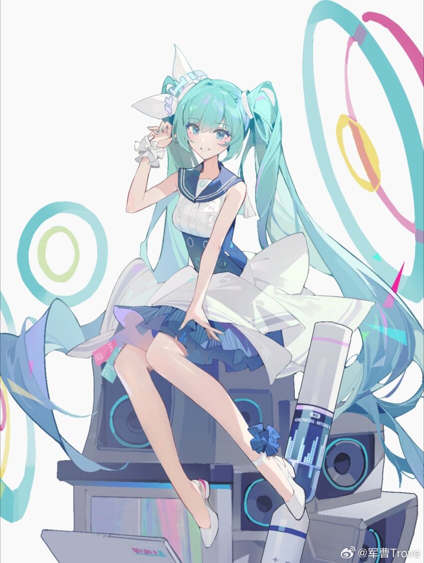 1girl aqua_eyes aqua_hair audio_visualizer blue_sailor_collar blush breasts chinese_commentary full_body grin hand_up hatsune_miku highres looking_at_viewer sailor_collar scrunchie shirt sitting sleeveless sleeveless_shirt smile solo speaker strappy_heels trove twintails underbust vocaloid weibo_logo weibo_watermark white_background white_footwear wrist_scrunchie