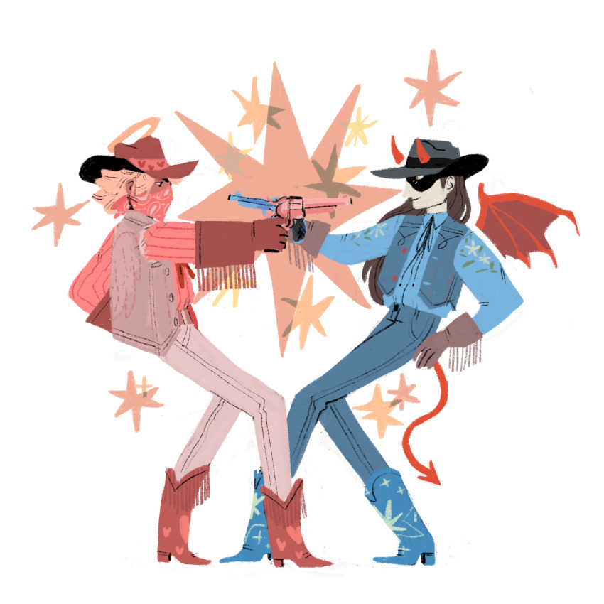 2girls angel_and_devil bandana bat_wings black_bow black_bowtie black_eyes black_mask blonde_hair blue_footwear blue_pants blue_shirt blue_vest bolo_tie boots bow bowtie brown_hair color_coordination commentary cowboy_boots cowboy_fringe cowboy_hat cowboy_western cowgirl_(western) dahliasheep dark-skinned_female dark_skin demon_horns demon_tail demon_wings denim domino_mask duel english_commentary eye_contact floral_print fringe_trim full_body gloves grey_gloves grey_hat grey_pants grey_vest gun halo handgun hat heart heart_print highres holding holding_gun holding_weapon horns jeans leaning_back long_hair long_sleeves looking_at_another mask mouth_mask multiple_girls orange_halo original pale_skin pants pink_background pink_bandana pink_footwear pink_mask pink_shirt pink_weapon print_footwear print_shirt print_vest red_bow red_bowtie red_footwear red_gloves red_hat red_horns red_tail red_wings shirt short_hair smile standing star_(symbol) star_print symmetrical_pose tail vest weapon white_background wing_print wings