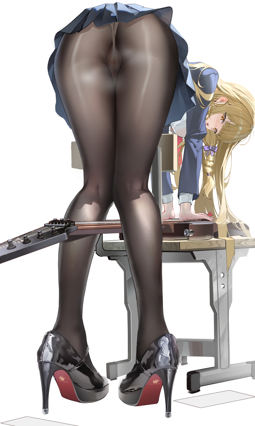 1girl absurdres bent_over black_footwear black_pantyhose blazer blonde_hair blue_jacket blue_skirt blunt_bangs blush bow braid chair colored_shoe_soles commentary electric_guitar from_behind fujita_kotone full_body gakuen_idolmaster guitar hair_bow high_heels highres holding holding_plectrum huade_xiami idolmaster instrument jacket kneepits knees_together_feet_apart legs long_hair looking_at_viewer mary_janes miniskirt open_mouth orange_eyes panties pantyhose pleated_skirt plectrum pumps purple_bow pussy school_chair school_uniform see-through_clothes see-through_panties shiny_footwear shoe_soles shoes simple_background skirt solo stiletto_heels tongue tongue_out underwear variant_set white_background white_panties