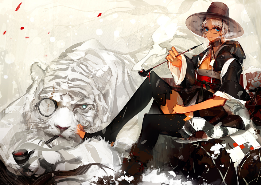 1girl black_thighhighs blue_eyes dark-skinned_female dark_skin gat_(hat) glasses hat holding holding_smoking_pipe kiseru monocle monocle_chain original panamaman scar sitting smoke smoking_pipe snowing tail tail_wrap thighhighs tiger