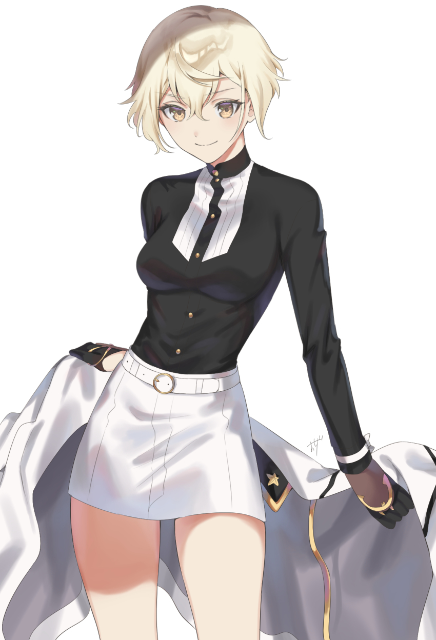 1girl arm_guards belt black_gloves black_shirt blonde_hair breasts collared_shirt cowboy_shot dress_shirt genderswap genderswap_(mtf) gloves hair_between_eyes higekiri_(touken_ranbu) highres holding holding_unworn_clothes holding_jacket holding_unworn_clothes jacket long_sleeves looking_at_viewer miniskirt o-ring oshage_(osyage921) shirt short_hair simple_background skirt skirt_set smile solo touken_ranbu unworn_jacket white_background white_jacket white_skirt yellow_eyes