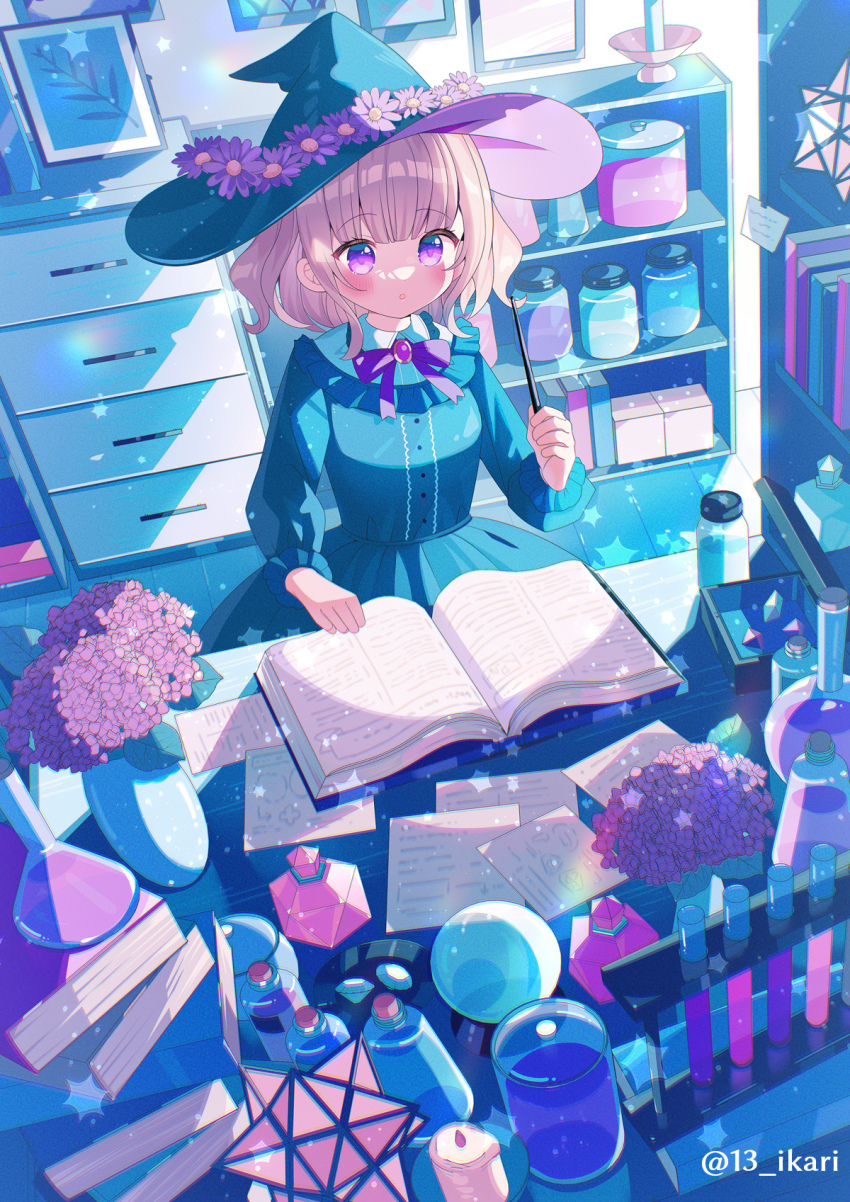 1girl :o blue_dress blue_hat blush book bow brown_hair collared_shirt commentary_request dress flask flower hat hat_flower highres holding holding_wand ikari_(aor3507) indoors long_sleeves open_book original parted_lips pink_flower puffy_long_sleeves puffy_sleeves purple_bow purple_eyes purple_flower round-bottom_flask shirt solo star_(symbol) twitter_username vase vial wand white_shirt witch_hat