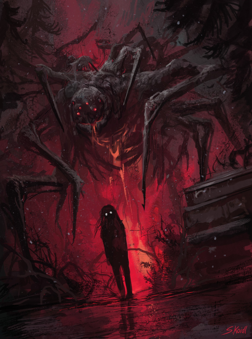 1girl absurdres commentary dutch_angle english_commentary forest full_body giant_spider glowing glowing_eyes highres horror_(theme) long_hair nature original outdoors signature silhouette solo stefan_koidl tree