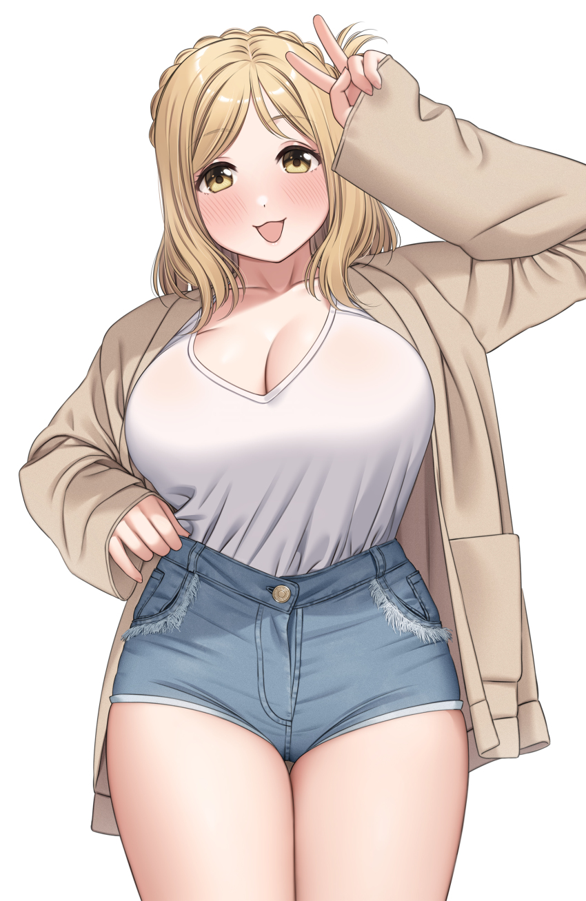 1girl :3 :d absurdres arm_up blonde_hair blue_shorts blush braid breasts brown_jacket buttons cleavage collarbone commentary cowboy_shot crown_braid denim denim_shorts fingernails hand_up high-waist_shorts highres jacket large_breasts long_sleeves looking_at_viewer love_live! love_live!_sunshine!! medium_hair ohara_mari open_clothes open_jacket open_mouth pocket see-through_clothes shirt shirt_tucked_in short_shorts shorts simple_background single_braid sleeves_past_wrists smile solo standing swept_bangs thigh_gap v white_background white_shirt yellow_eyes yonsi