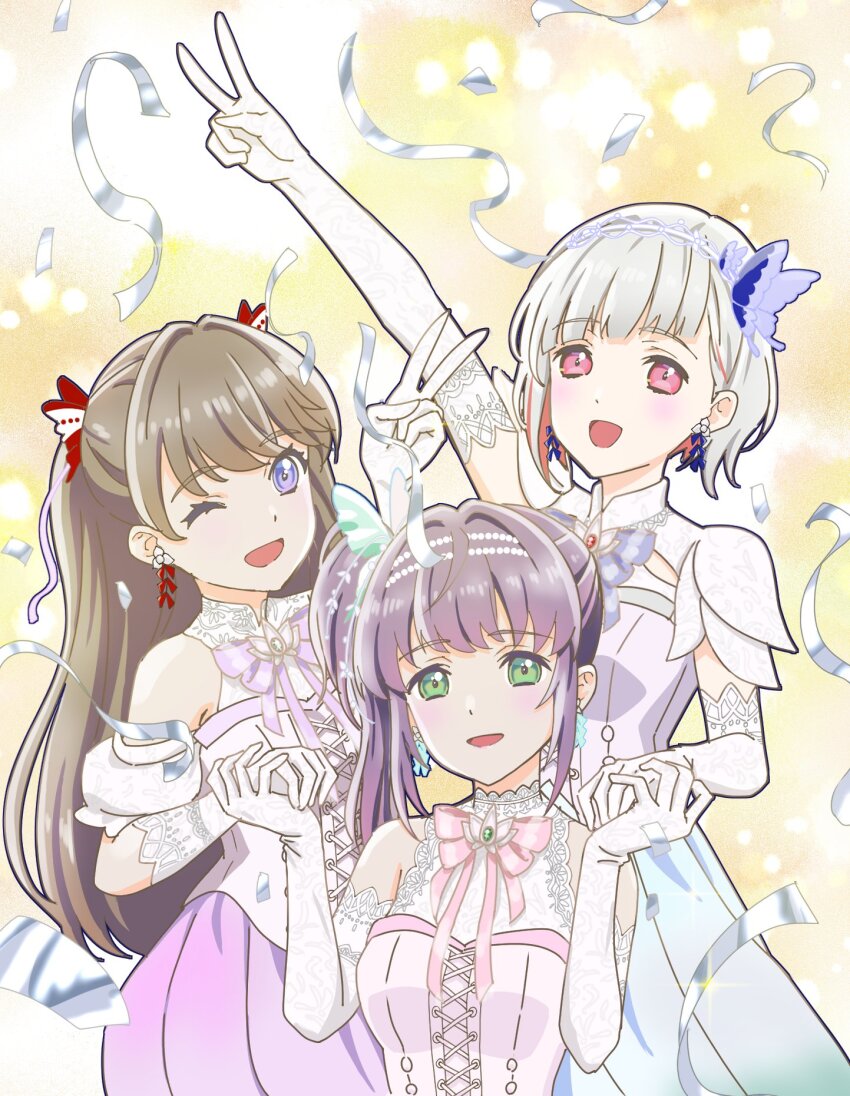 3girls :d ;d aurora_flower_(love_live!) bare_shoulders blue_ribbon blush breasts brown_hair butterfly_hair_ornament colored_inner_hair commentary_request confetti cross-laced_clothes cross-laced_top diagonal_bangs elbow_gloves fujishima_megumi gloves green_eyes grey_hair hagisiri_kuma hair_bun hair_ornament highres holding_hands link!_like!_love_live! long_hair looking_at_viewer love_live! medium_breasts multicolored_hair multiple_girls neck_ribbon official_alternate_costume one_eye_closed open_mouth otomune_kozue pink_eyes pink_ribbon pink_shirt purple_eyes purple_hair red_hair ribbon shirt short_hair side_ponytail sidelocks single_side_bun sleeveless sleeveless_shirt smile streaked_hair streamers two_side_up virtual_youtuber white_gloves yellow_background yugiri_tsuzuri