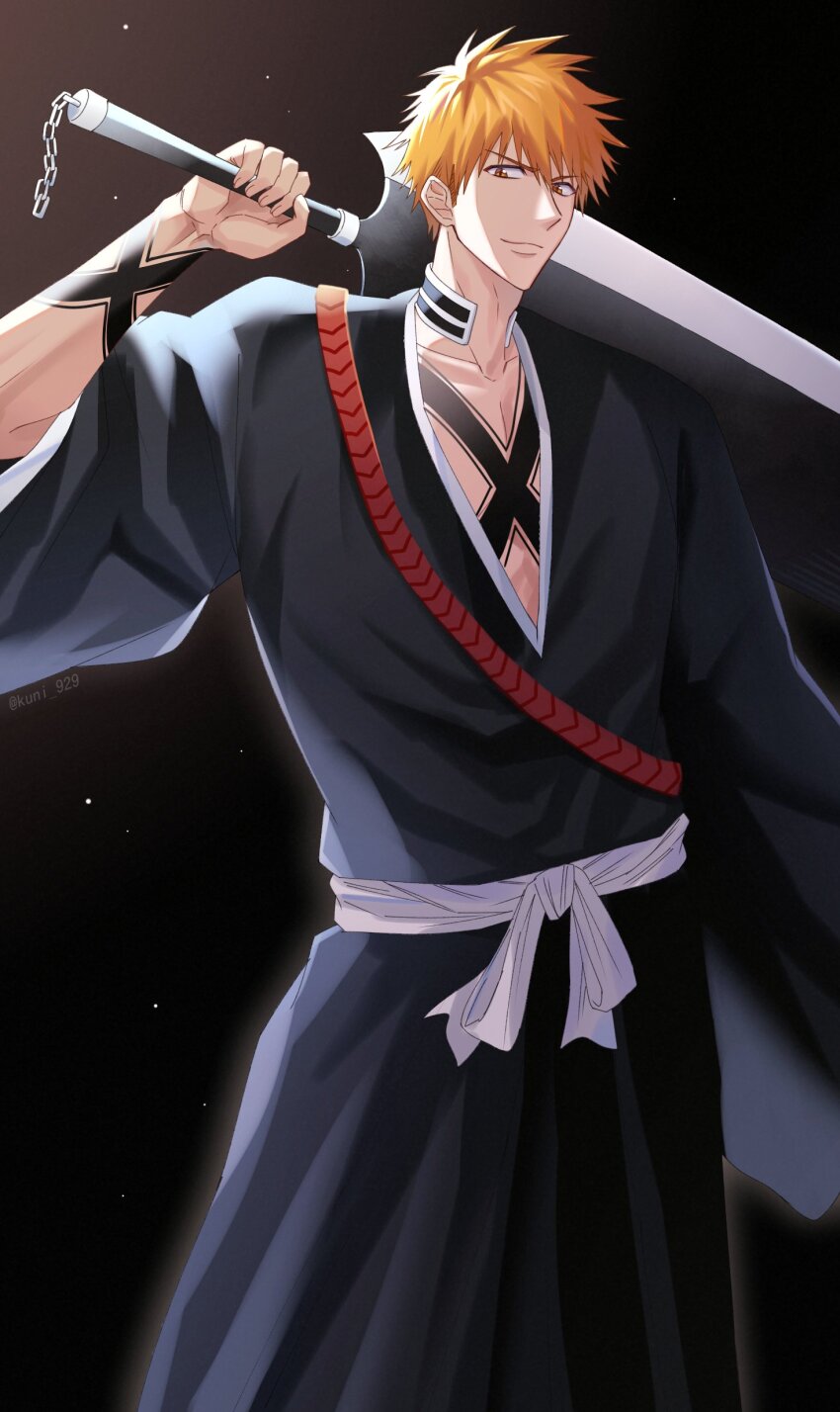 &gt;:) 1boy 2023 absurdres arm_at_side backlighting black_background black_hakama black_kimono bleach brown_eyes closed_mouth collarbone commentary_request cowboy_shot dated_commentary hakama hand_up highres holding holding_sword holding_weapon japanese_clothes kimono kuni_929 kurosaki_ichigo long_sleeves looking_at_viewer male_focus orange_hair over_shoulder shihakusho shikai short_hair simple_background smile solo spiked_hair sword sword_over_shoulder twitter_username v-shaped_eyebrows weapon weapon_over_shoulder wide_sleeves zangetsu_(shikai)