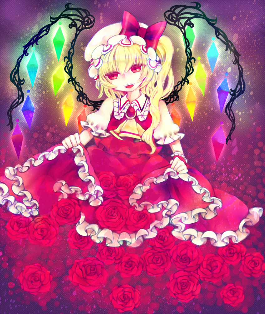 1girl ascot blonde_hair bow collared_shirt flandre_scarlet flower frilled_shirt_collar frilled_skirt frilled_sleeves frills glowing glowing_wings gradient_background hair_between_eyes hat hat_bow head_tilt highres looking_at_viewer medium_hair mob_cap multicolored_wings one_side_up open_mouth puffy_short_sleeves puffy_sleeves purple_background red_background red_bow red_brooch red_eyes red_flower red_rose red_skirt red_vest rose shirt short_sleeves simple_background skirt solo touhou upper_body vest white_hat white_shirt wings wrist_cuffs yellow_ascot yukihitsuji_(gold-wing)