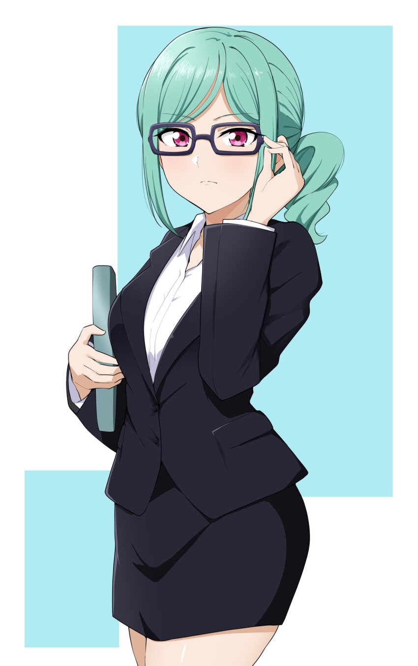 1girl adjusting_eyewear alternate_costume aqua_hair barkhorn0331 black-framed_eyewear black_jacket black_skirt blue_background border breasts check_commentary closed_mouth collared_shirt commentary_request cowboy_shot dress_shirt frown glasses highres jacket long_sleeves looking_at_viewer love_live! love_live!_superstar!! medium_breasts miniskirt office_lady onitsuka_tomari outside_border pencil_skirt pink_eyes secretary shirt side_ponytail sidelocks skirt solo split_mouth suit_jacket two-tone_background white_background white_border white_shirt