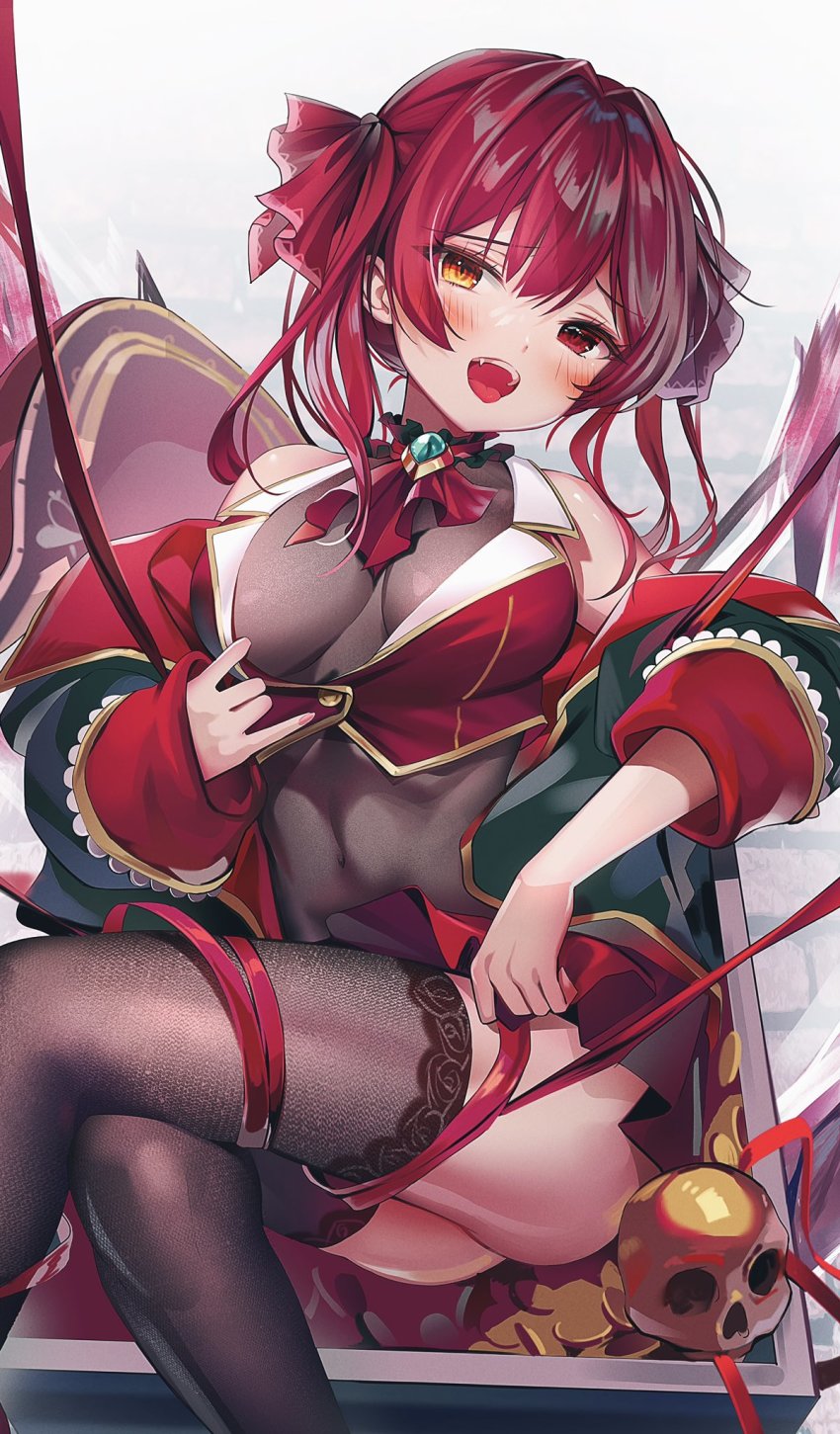 1girl :d ascot blush bodystocking breasts brown_thighhighs cleavage coin cropped_jacket crossed_legs green_jacket hair_ribbon heterochromia highres hololive houshou_marine jacket large_breasts luna_nyann open_clothes open_jacket open_mouth red_ascot red_eyes red_hair red_jacket red_ribbon ribbon see-through_clothes see-through_cleavage sitting smile solo thighhighs twintails virtual_youtuber yellow_eyes