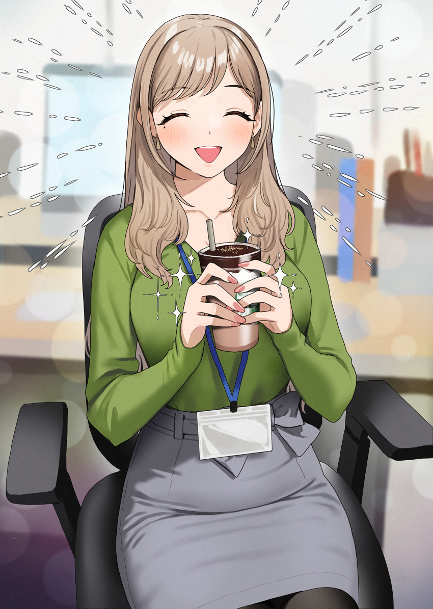 1girl :d ^_^ akaori_umeka blurry blurry_background blush breasts brown_hair chair closed_eyes commentary_request cup doushimasho earrings fingernails green_shirt grey_skirt highres holding holding_cup id_card indoors jewelry lanyard long_hair long_sleeves medium_breasts mole mole_under_eye on_chair open_mouth original parted_bangs shirt sitting skirt smile solo