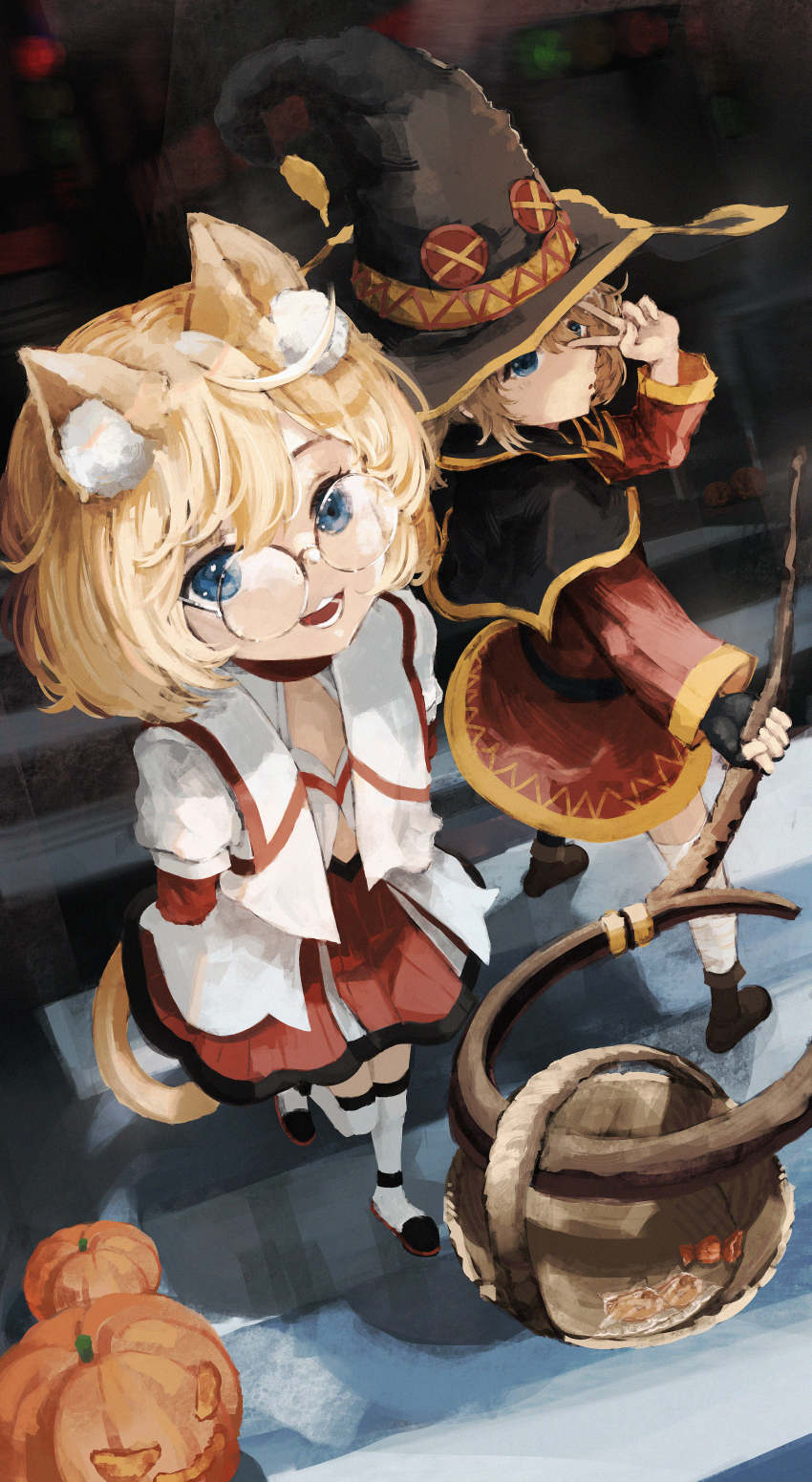 1girl 2girls absurdres animal_ear_fluff animal_ears bandaged_leg bandages belt black_cape black_hat black_thighhighs blonde_hair blue_eyes brown_hair cape cat_ears cat_tail character_request commentary cosplay costume_request dress english_commentary fingerless_gloves from_above from_side full_body glasses gloves hair_between_eyes halloween halloween_bucket hat highres indie_virtual_youtuber jack-o&#039;-lantern kan1360 kneehighs long_sleeves looking_at_viewer megumin megumin_(cosplay) minikomew multiple_girls neuro-sama open_mouth outdoors parted_lips red_dress red_skirt short_hair single_thighhigh skirt socks staff tail thighhighs v virtual_youtuber white_socks witch_hat