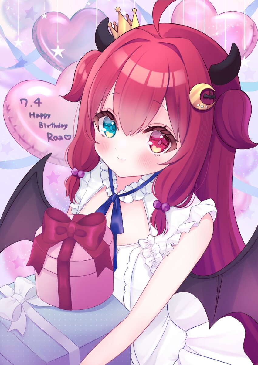 1girl ahoge balloon black_horns blue_eyes blush breasts crescent crescent_hair_ornament crown demon_girl dress gift hair_ornament happy_birthday heart_balloon heterochromia highres horns hoshizaki_nagi long_hair mini_crown nijisanji red_eyes red_hair small_breasts smile solo virtual_youtuber white_dress yuzuki_roa yuzuki_roa_(3rd_costume)