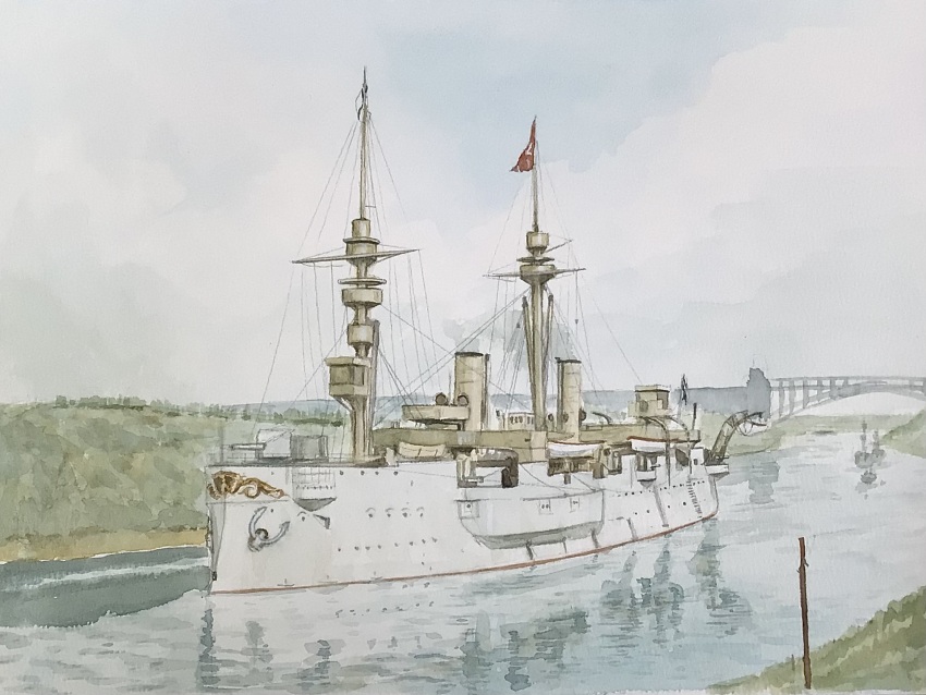 atelier_bono bridge canal cannon highres imperial_german_navy ironclad mast original painting_(medium) smoke smokestack sms_deutschland_(1874) traditional_media turret vehicle_focus watercolor_(medium)