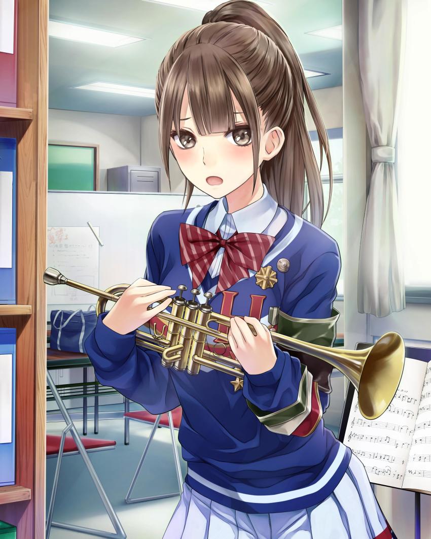 1girl :o absurdres badge bag blunt_bangs blush bow brown_eyes brown_hair classroom clubroom female_focus high_ponytail highres holding indoors instrument kishida_mel kosuge_ogaya_hikari long_hair long_sleeves music_stand official_art open_mouth pleated_skirt school school_bag school_fanfare school_uniform sheet_music skirt solo trumpet