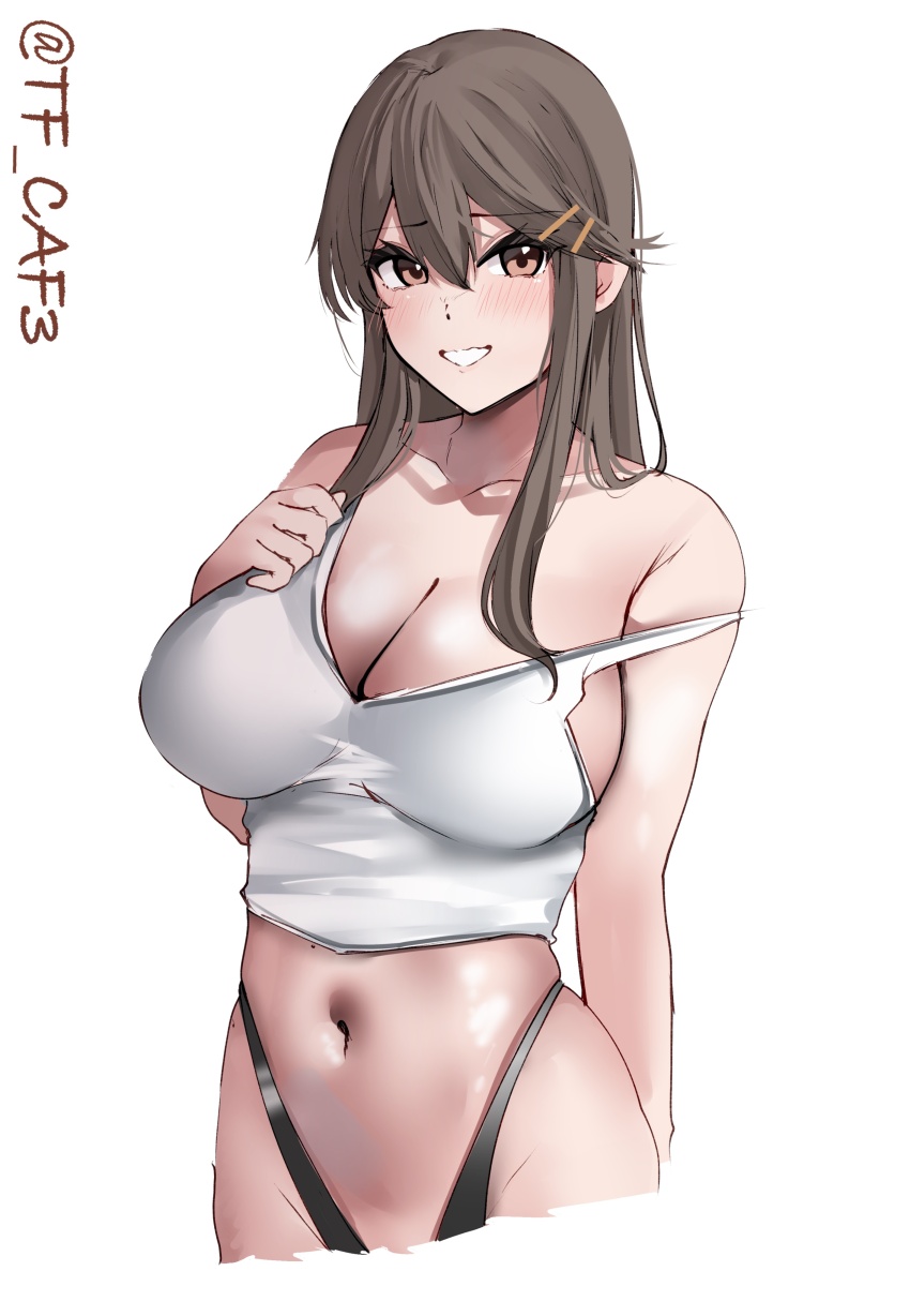 1girl absurdres bikini black_bikini black_hair blush breasts brown_eyes collarbone cowboy_shot hair_ornament hairclip haruna_(kancolle) highres kantai_collection large_breasts long_hair looking_at_viewer navel shirt smile solo swimsuit tf_cafe twitter_username white_background white_shirt