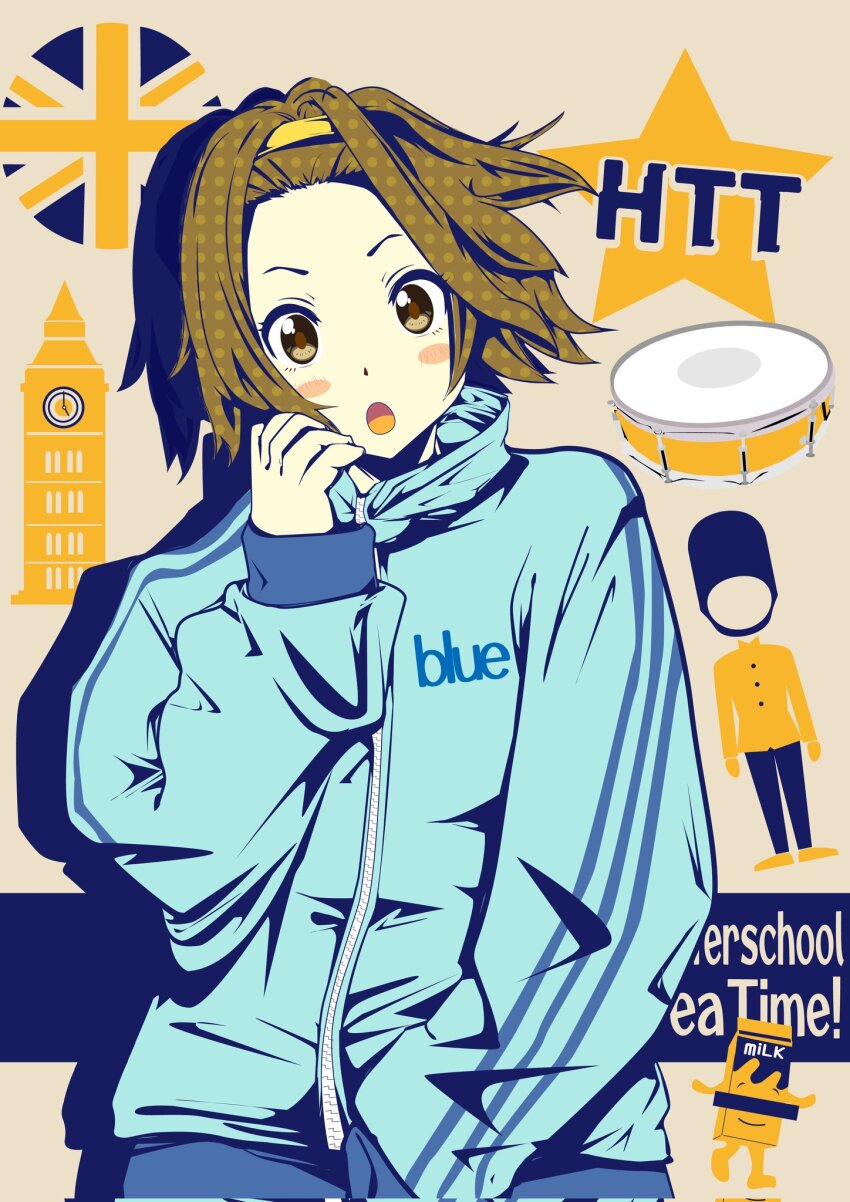 1girl blush blush_stickers brown_eyes brown_hair dot_nose elizabeth_tower english_text feet_out_of_frame female_focus headband ho-kago_tea_time k-on! long_sleeves looking_at_viewer love2slip open_mouth short_hair solo standing tainaka_ritsu yellow_headband