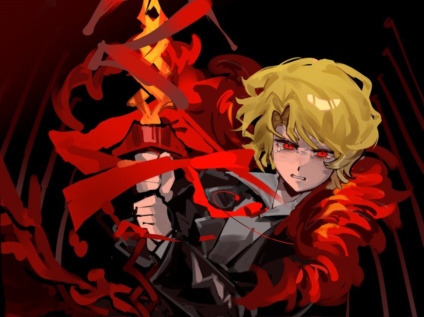 1girl black_coat blonde_hair blood cape clenched_teeth coat collared_shirt don_quixote_(project_moon) hemokinesis highres holding holding_polearm holding_weapon lance lapels limbus_company necktie notched_lapels parted_bangs polearm project_moon red_cape red_eyes red_necktie roier sancho_(project_moon) shirt short_hair solo spoilers teeth weapon white_shirt