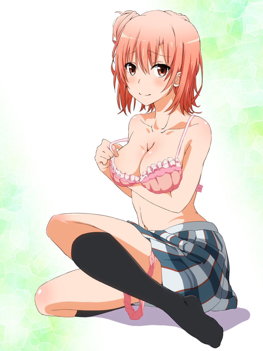 1girl absurdres black_socks blush bra breasts cleavage hair_bun highres hugimosi kneehighs large_breasts looking_at_viewer no_shirt no_shoes panties pink_bra pink_hair pink_panties plaid_clothes plaid_skirt simple_background single_hair_bun single_side_bun sitting skirt smile socks solo underwear unworn_clothes yahari_ore_no_seishun_lovecome_wa_machigatteiru. yuigahama_yui