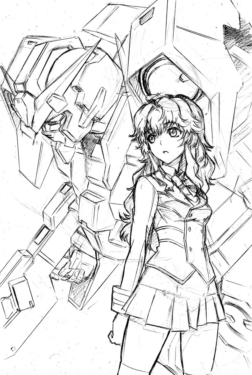 1girl beam_rifle breasts chall_acustica commentary_request curly_hair energy_gun graphite_(medium) greyscale gundam gundam_00 gundam_00p gundam_plutone highres kumichou_(ef65-1118-ef81-95) long_hair long_sleeves mecha miniskirt monochrome robot school_uniform sidelocks skirt small_breasts thighhighs traditional_media wavy_hair weapon zettai_ryouiki