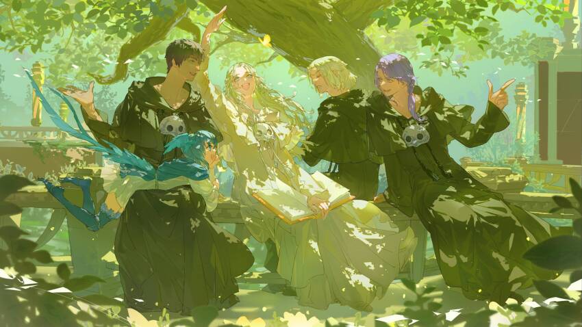 2girls 3boys :d arm_up artist_request bird_girl bird_legs bird_tail bird_wings black_capelet black_hair black_robe blue_eyes blue_hair book book_on_lap capelet chinese_commentary commentary_request dappled_sunlight day drawstring elpis_(ff14) emet-selch final_fantasy final_fantasy_xiv full_body group_picture head_wings hermes_(ff14) highres hood hood_down hooded_capelet hythlodaeus index_finger_raised leaf lying lying_on_lap mask mask_around_neck medium_hair meteion monster_girl multiple_boys multiple_girls on_stomach open_mouth outdoors outstretched_arm purple_eyes purple_hair robe second-party_source short_hair simple_butterfly sitting smile sophist&#039;s_robe_(ff14) sunlight tail tassel tree unworn_mask venat_(ff14) white_hair white_robe wings