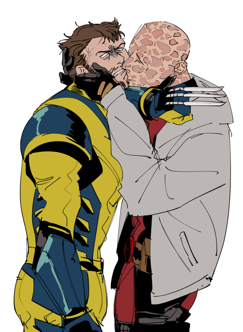 2boys bald beard belt black_gloves blank_eyes bodysuit brown_hair claw_(weapon) closed_eyes deadpool deadpool_&amp;_wolverine deadpool_(series) facial_hair gloves hand_on_another&#039;s_face hand_on_another&#039;s_head highres hood hood_down iji_1228 kissing_chin long_sleeves male_focus marvel marvel_cinematic_universe mature_male multiple_boys muscular muscular_male pectorals red_bodysuit short_hair simple_background superhero_costume turn_pale two-tone_bodysuit utility_belt weapon white_background wolverine_(x-men) x-men yaoi yellow_bodysuit