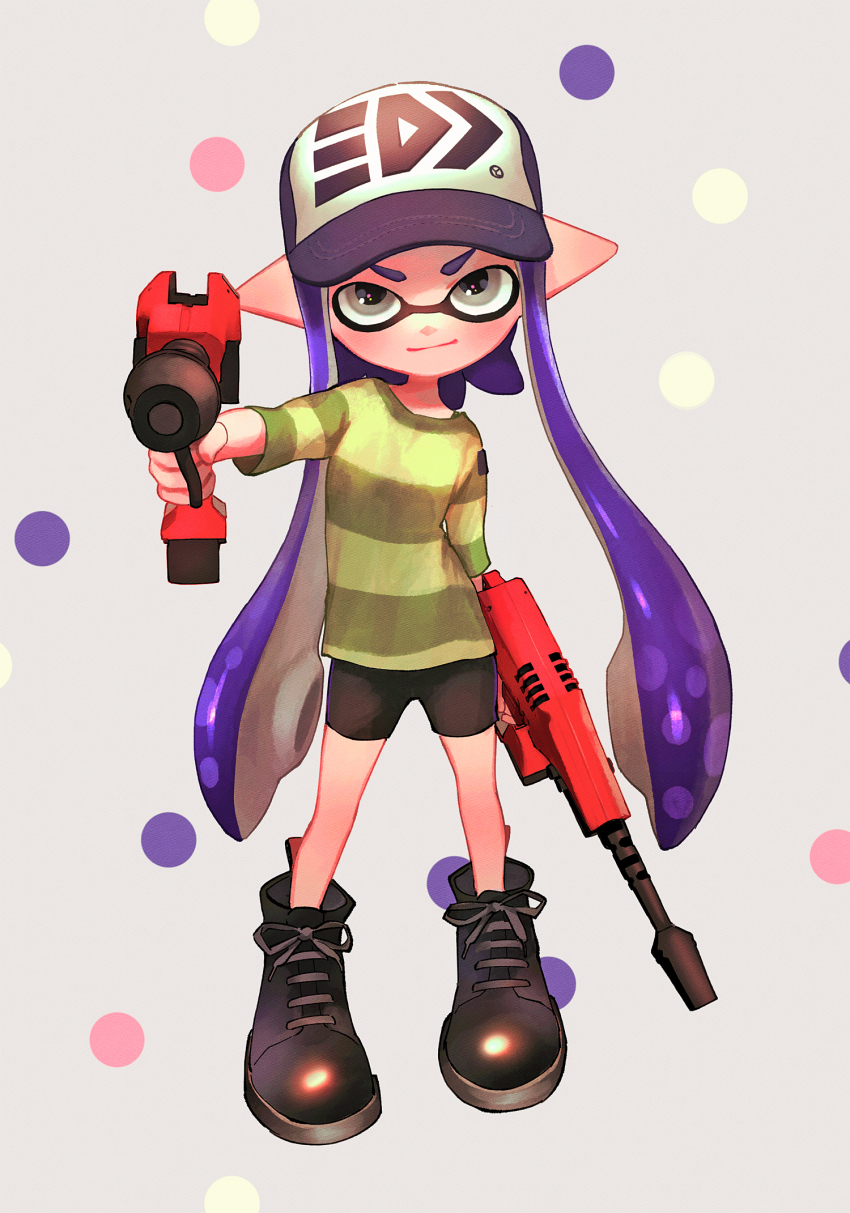 1girl aiming aiming_at_viewer baseball_cap black_footwear black_shorts boots closed_mouth commentary_request dual_wielding dualie_squelchers_(splatoon) full_body green_shirt grey_background grey_eyes hat highres hinata_(hinata_spla) holding holding_weapon inkling inkling_girl inkling_player_character long_hair looking_at_viewer nintendo pointy_ears polka_dot polka_dot_background purple_hair purple_hat shirt shorts smile solo splatoon_(series) standing striped_clothes striped_shirt tentacle_hair twintails very_long_hair weapon