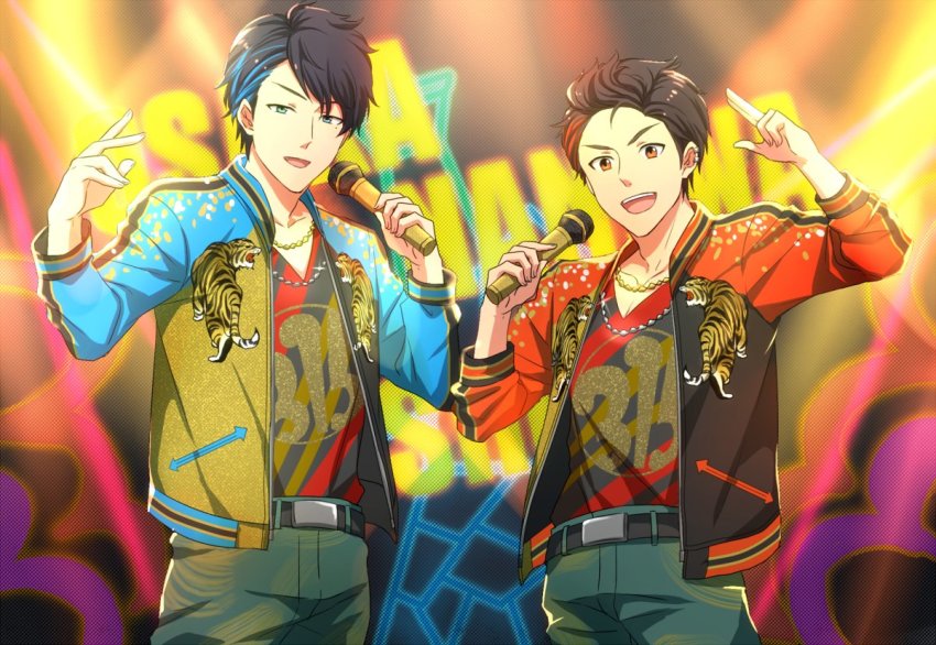 10s 2boys bad_id bad_twitter_id blue_eyes brown_hair green_eyes grey_hair hair_slicked_back heterochromia idolmaster idolmaster_side-m jacket kimura_ryu letterman_jacket looking_at_viewer male_focus microphone multicolored_hair multiple_boys red_eyes salute satou_(fujisanjj-mesigaumaize) smile streaked_hair takajo_kyoji tiger two-finger_salute