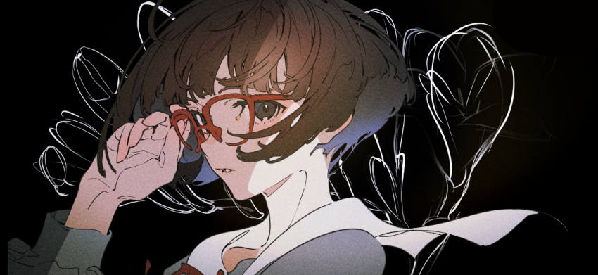 1girl adjusting_eyewear black_background brown_eyes brown_hair glasses highres looking_at_viewer original parted_lips portrait red-framed_eyewear removing_eyewear school_uniform serafuku short_hair solo unfinished yoneyama_mai