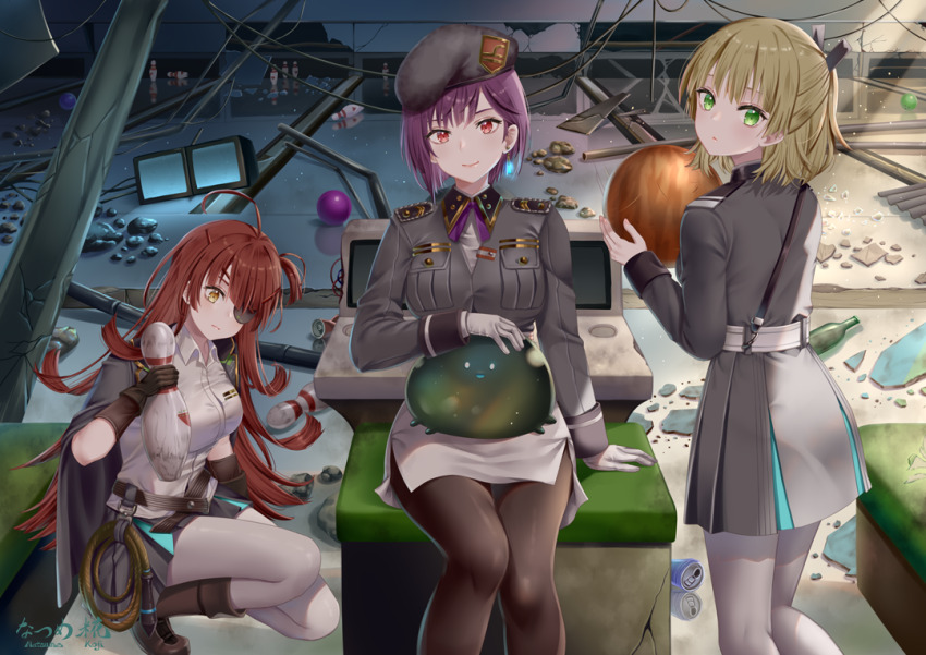 3girls ahoge asami_makiko_(heaven_burns_red) ball beer_bottle belt black_dress blonde_hair bottle bowling_ball breasts cable commentary_request dress earrings eyepatch green_eyes hat heaven_burns_red holding indoors jacket jacket_on_shoulders jewelry large_breasts messy_room multiple_girls nanase_nanami_(heaven_burns_red) narvy_(heaven_burns_red) natsume_koji pencil_skirt purple_hair red_eyes red_hair ribbon ruins shirt short_hair single_earring skirt tezuka_saki white_belt white_shirt yellow_eyes