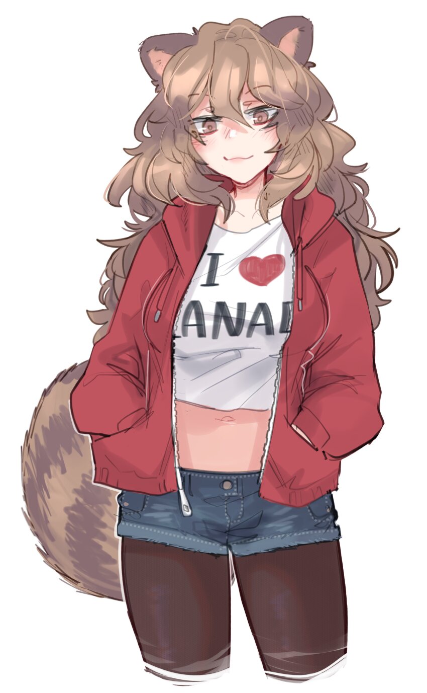 1girl :3 absurdres animal_ears artist_request ash_(autumnbloom11) black_pantyhose brown_eyes brown_hair clothes_writing collarbone commission denim denim_shorts gradient_background grey_background hair_between_eyes highres i_heart... jacket long_hair long_sleeves navel open_clothes open_jacket original pantyhose raccoon_ears raccoon_girl raccoon_tail red_jacket shorts simple_background smile stomach tail white_background