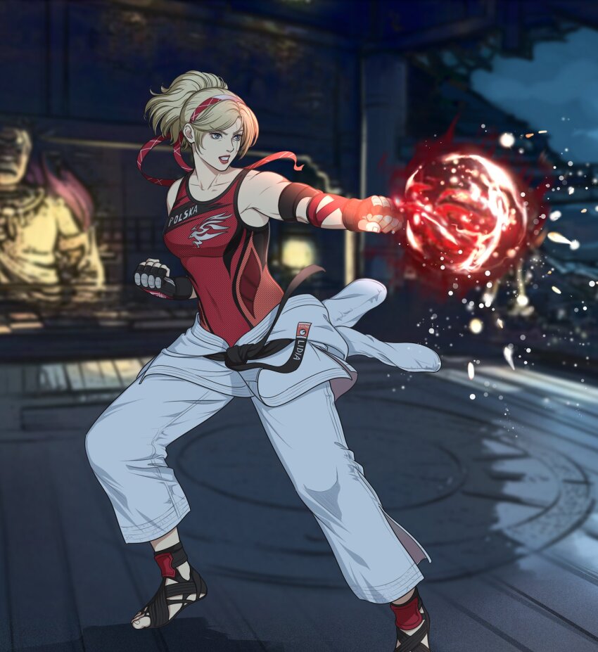 1girl autumn-sacura belt black_belt black_gloves blonde_hair blue_eyes clothes_around_waist dougi fingerless_gloves gloves hairband headband highres karate karate_gi lidia_sobieska martial_arts_belt polish_text ponytail red_hairband red_headband red_tank_top scar scar_across_eye solo studded_gloves tank_top tekken tekken_7