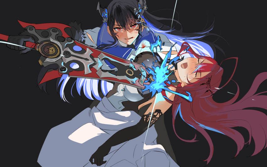 2girls ahoge asymmetrical_horns bare_shoulders black_hair blue_fire blue_hair blush breasts closed_eyes colored_inner_hair crystal_horns demon_horns drawing_sword dress elizabeth_rose_bloodflame enigmatic_recollection fire flower gloves glowing greatsword hair_ornament highres holding holding_sword holding_weapon hololive hololive_english horn_flower horns huge_ahoge human_scabbard large_breasts long_hair looking_at_viewer mole mole_under_eye multicolored_hair multiple_girls nerissa_ravencroft open_mouth parody red_eyes red_hair sekai_wo_kakumei_suru_chikara_wo set7 shoujo_kakumei_utena split-color_hair sword tassel tassel_hair_ornament two-tone_hair uneven_horns very_long_hair virtual_youtuber weapon white_dress