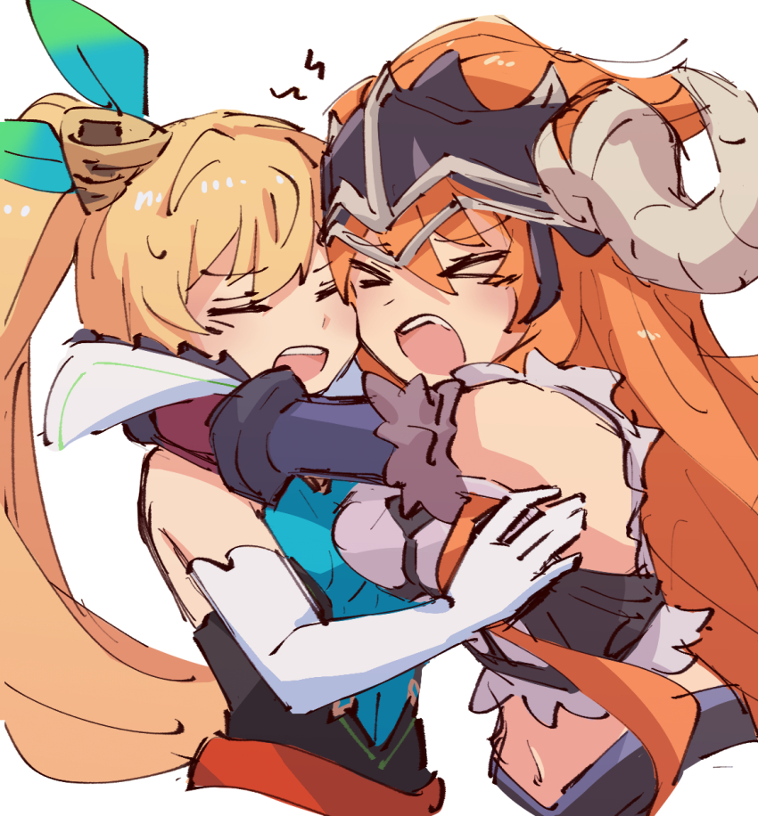 2girls alonemistrist blonde_hair closed_eyes dragalia_lost elbow_gloves elisanne fake_horns gloves hair_between_eyes highres horns hug long_hair midriff multiple_girls navel open_mouth orange_hair ponytail teeth upper_body upper_teeth_only vanessa_(dragalia_lost) very_long_hair white_background white_gloves