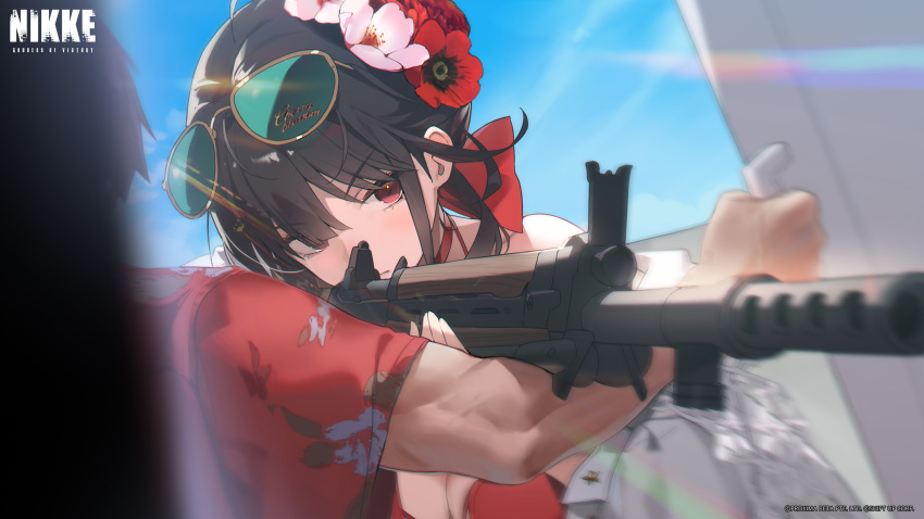 1boy 1girl absurdres aiming artist_request assault_rifle bikini bipod blue_sky breasts brown_hair cleavage closed_mouth commentary copyright_notice cropped day english_commentary eyewear_on_head flower goddess_of_victory:_nikke gun hair_flower hair_ornament hawaiian_shirt highres holding holding_gun holding_weapon long_hair medium_breasts muscular muscular_male official_art open_clothes open_shirt outdoors pink_flower red_bikini red_eyes red_flower red_shirt rifle sakura_(bloom_in_summer)_(nikke) sakura_(nikke) shirt short_hair short_sleeves sky sunglasses swimsuit weapon weapon_request white_shirt