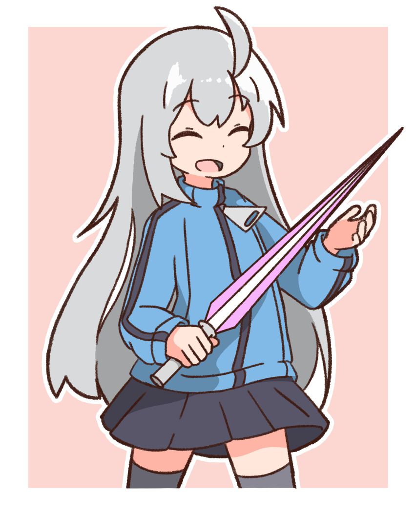 100_percent_orange_juice 1girl :d absurdres ahoge black_skirt black_thighhighs blue_track_jacket closed_eyes commission cowboy_shot energy_sword grey_hair hand_up highres holding holding_sword holding_weapon jacket long_hair long_sleeves netoco open_mouth oversized_zipper pixiv_commission pleated_skirt skirt smile solo suguri suguri_(orange_juice) sword thighhighs thighs track_jacket two-tone_background weapon zettai_ryouiki zipper zipper_pull_tab