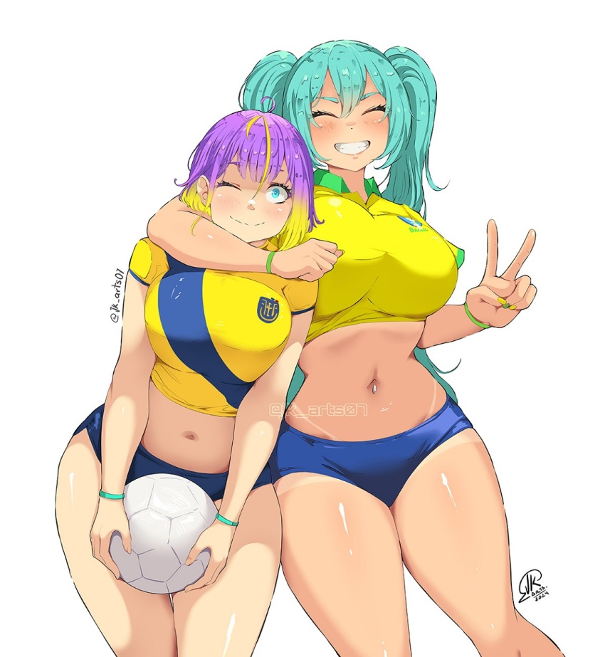 2girls aqua_hair ball blonde_hair blue_eyes blue_shorts bracelet brazil breasts closed_eyes collared_shirt dated ecuador feet_out_of_frame gradient_hair green_nails hatsune_miku highres jewelry jk_arts large_breasts long_hair midriff multicolored_hair multiple_girls navel navel_piercing one_eye_closed original piercing purple_hair shirt short_hair short_sleeves shorts simple_background soccer_ball tan tanline twintails twitter_username v very_long_hair vocaloid white_background yellow_nails