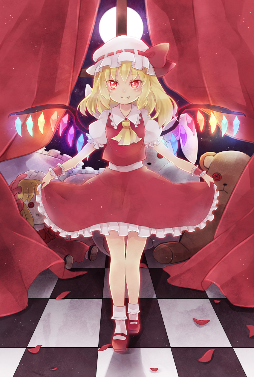 1girl ascot bad_id bad_pixiv_id blonde_hair bobby_socks bow button_eyes buttons checkered_floor curtsey doll fang female_focus flandre_scarlet floor full_moon hat hat_bow highres mary_janes moon night night_sky petals red_eyes shoes short_hair side_ponytail skirt skirt_hold skirt_set sky smile socks solo stuffed_animal stuffed_rabbit stuffed_toy teddy_bear touhou wings wrist_cuffs yuya_(artist) yuya_(oshidori)