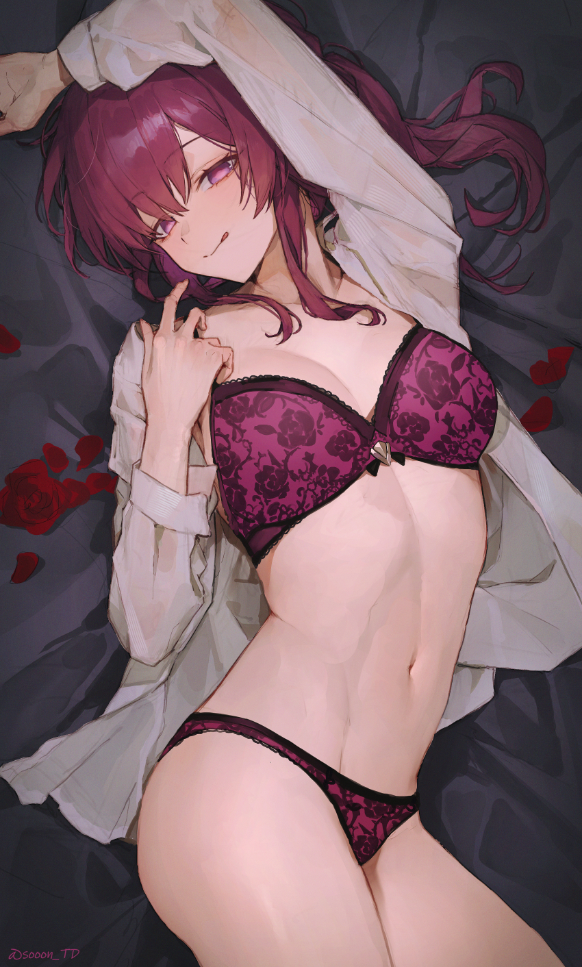 1girl :q absurdres arm_up artist_name bad_source bed bra breasts collarbone commentary gloves highres honkai:_star_rail honkai_(series) kafka_(honkai:_star_rail) large_breasts long_hair long_sleeves looking_at_viewer lying navel no_eyewear on_back on_bed open_clothes open_shirt paid_reward_available panties purple_bra purple_eyes purple_hair purple_panties shirt smile solo sooon stomach tongue tongue_out twitter_username underwear watermark white_shirt