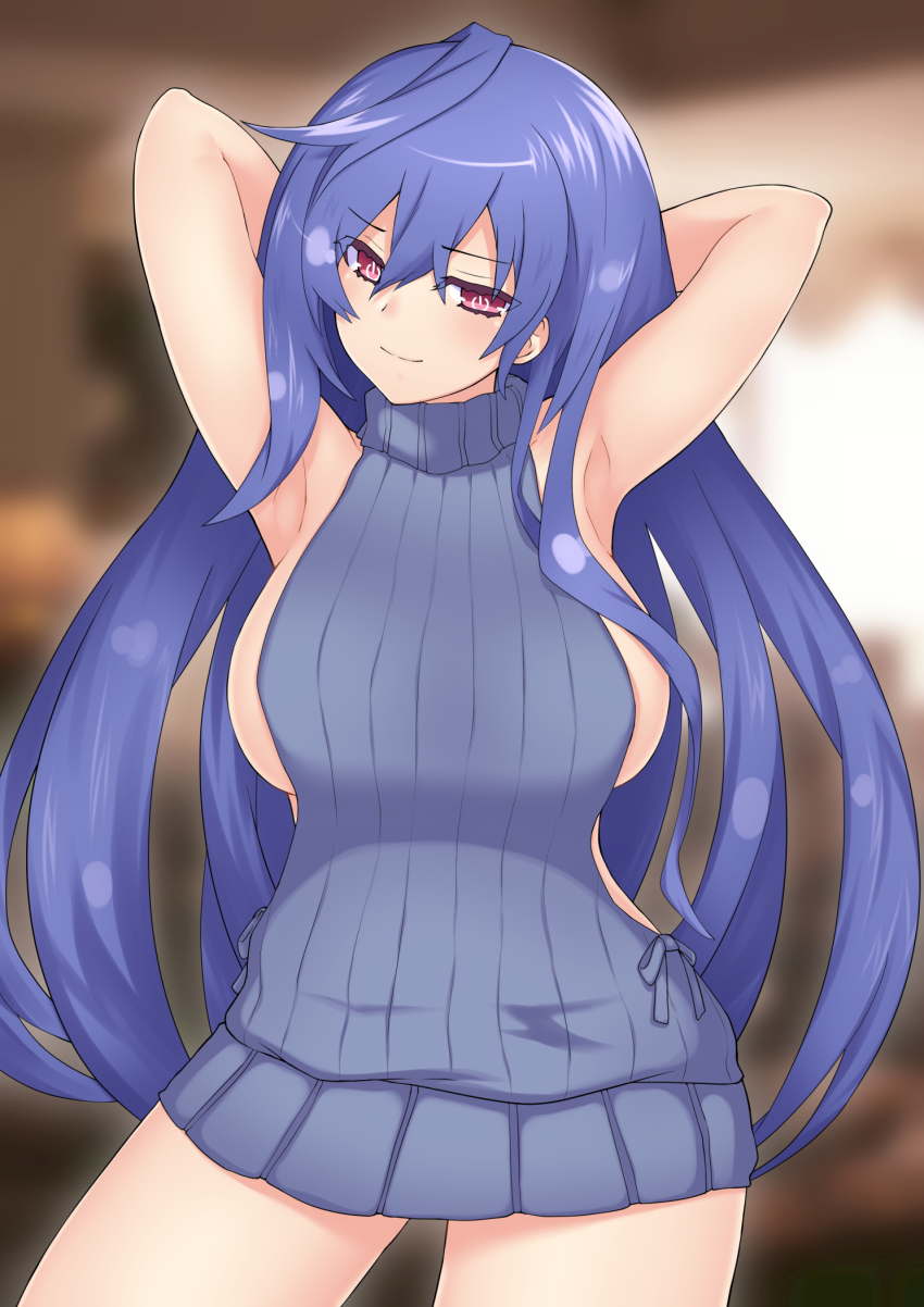 1girl armpits arms_behind_back blue_hair blush breasts highres iris_heart kami_jigen_game_neptune_v katade large_breasts long_hair looking_at_viewer neptune_(series) paid_reward_available pink_eyes power_symbol power_symbol-shaped_pupils pururut sideboob smile solo sweater symbol-shaped_pupils turtleneck turtleneck_sweater underwear very_long_hair