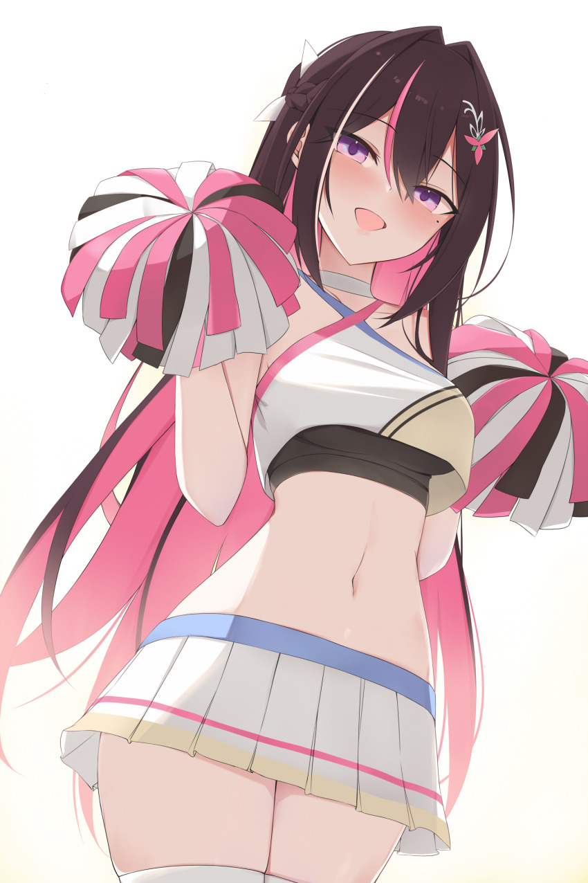 1girl azki_(hololive) black_hair breasts cheerleader choumei_(qca012005) colored_inner_hair highres hololive long_hair medium_breasts midriff miniskirt mole mole_under_eye multicolored_hair navel pink_hair pom_pom_(cheerleading) purple_eyes skirt thighhighs virtual_youtuber