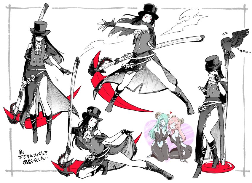 02twwo 1boy 2girls absurdres androgynous ascot asymmetrical_sleeves bare_legs bird black_hair boots buttons character_sheet crow cup curtsey demon_girl demon_horns drinking fingerless_gloves gloves guilty_gear guilty_gear_strive hat highres holding holding_weapon horns legs long_hair multiple_girls multiple_views red_eyes scythe side_slit skirt_hold standing straight_hair succubus_familiar tea teacup testament_(guilty_gear) thighs top_hat trap tray weapon