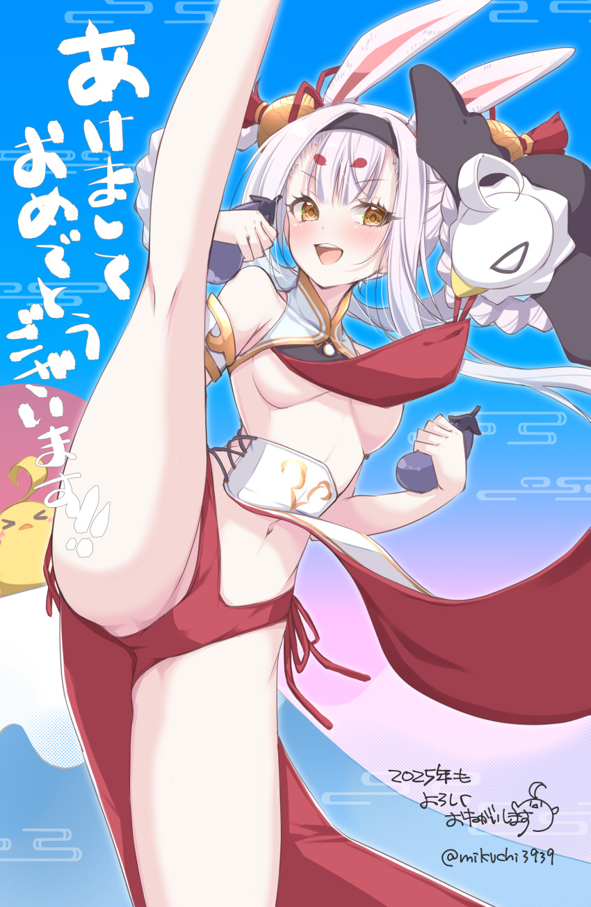 1girl :d absurdres animal_ears assisted_exposure azur_lane bare_legs bare_shoulders bird black_hairband blush breasts clothes_lift commentary_request dress dress_lift eagle eggplant flexible hair_between_eyes hair_rings hairband happy highres leg_up long_hair midriff mikuchi3939 navel no_bra open_mouth panties rabbit_ears rabbit_girl red_panties shimakaze_(azur_lane) shimakaze_(clumsy_moon_rabbit)_(azur_lane) side-tie_panties smile solo split standing standing_on_one_leg standing_split teeth translation_request unbuttoned underboob underwear upper_teeth_only very_long_hair