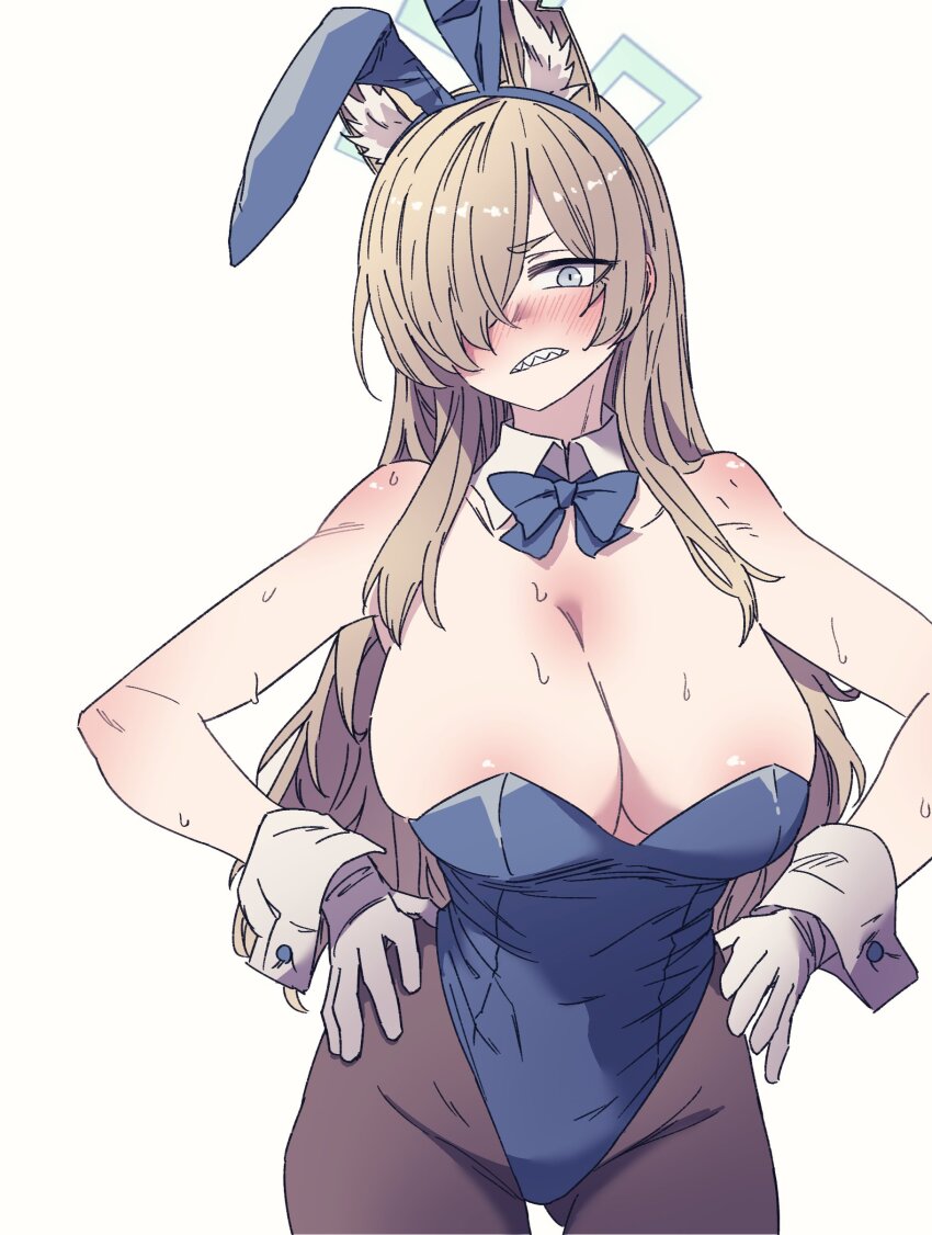 1girl absurdres animal_ear_fluff animal_ears anygatsby asuna_(blue_archive) asuna_(blue_archive)_(cosplay) blonde_hair blue_archive blue_bow blue_bowtie blue_eyes blue_halo blue_leotard blush bow bowtie breasts brown_pantyhose cleavage cosplay cowboy_shot detached_collar dog_ears extra_ears fake_animal_ears gloves hair_over_one_eye halo highres kanna_(blue_archive) large_breasts leotard long_hair looking_at_viewer pantyhose playboy_bunny rabbit_ears sharp_teeth solo strapless strapless_leotard sweat teeth thighband_pantyhose white_gloves