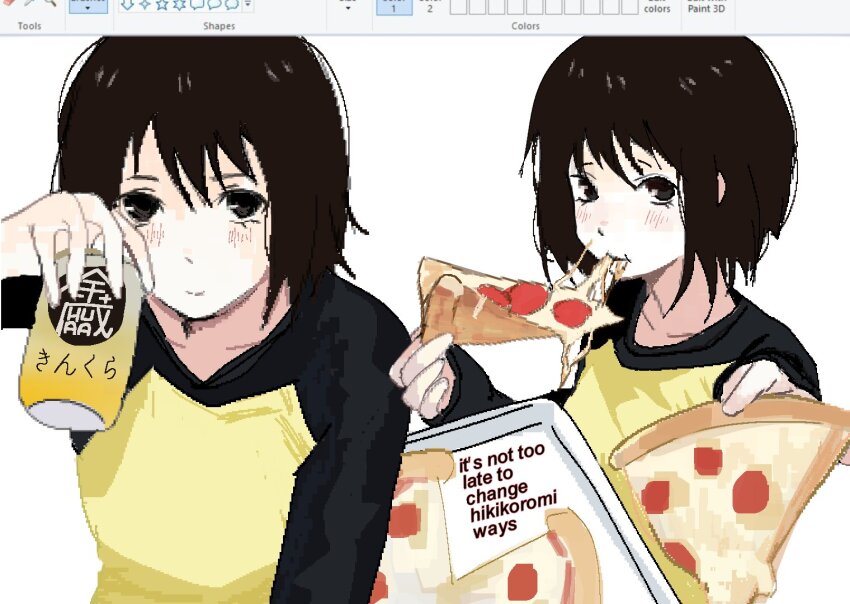 1girl art_program_in_frame black_eyes black_sleeves blush brown_hair can cheese_trail closed_mouth collarbone commentary eating food hashtag-only_commentary holding holding_can holding_food holding_pizza long_sleeves looking_at_viewer microsoft_paint_(medium) microsoft_paint_(software) nakahara_misaki nhk_ni_youkoso! pizza pizza_slice raglan_sleeves shirt short_hair smile solo white_background yellow_shirt zukii3_mii_(mizumolasses)